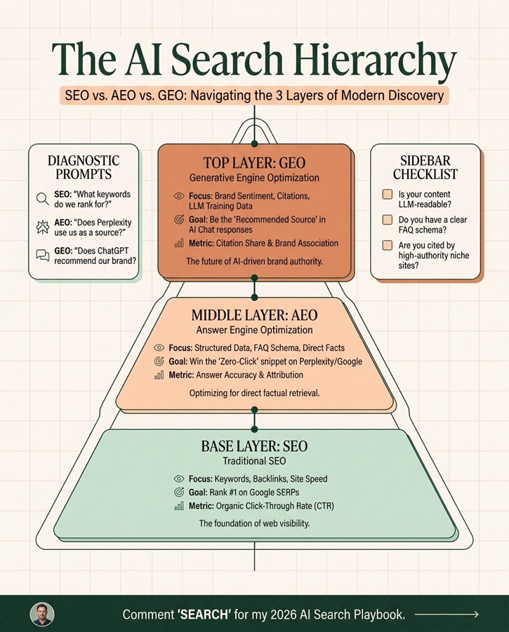 Infographic generated by Depost AI: The AI Search Hierarchy, a layered pyramid of SEO, AEO and GEO